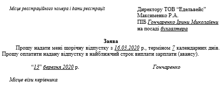 Заява на відпустку зразок 2021
