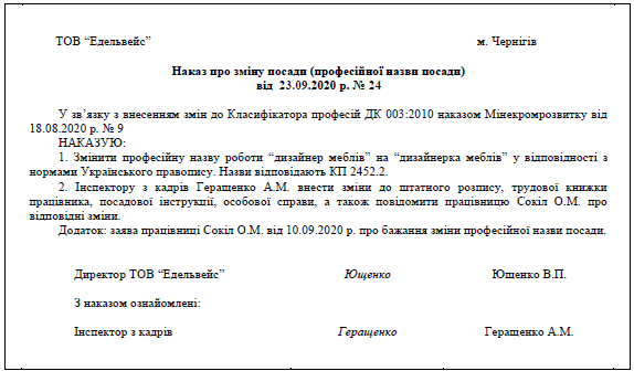 Наказ про зміну назви посади відповідно до класифікатора