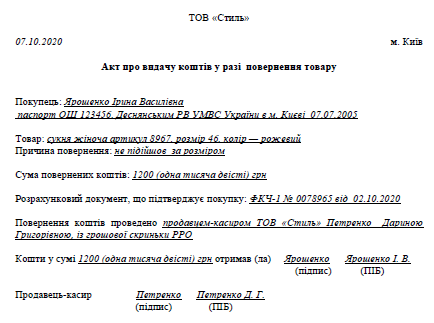 Образец акта о выдаче средств покупателю, который вернул товар