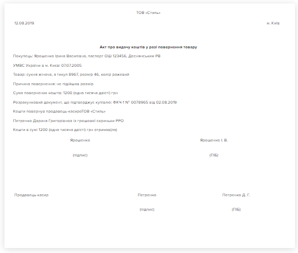Акт про видачу коштів у разі повернення товару