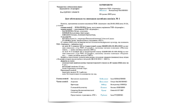 Акт обстеження та списання загиблих посівів