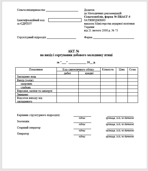 Акт на вихід і сортування добового молодняку птиці (ф. № ПБАСГ-5)