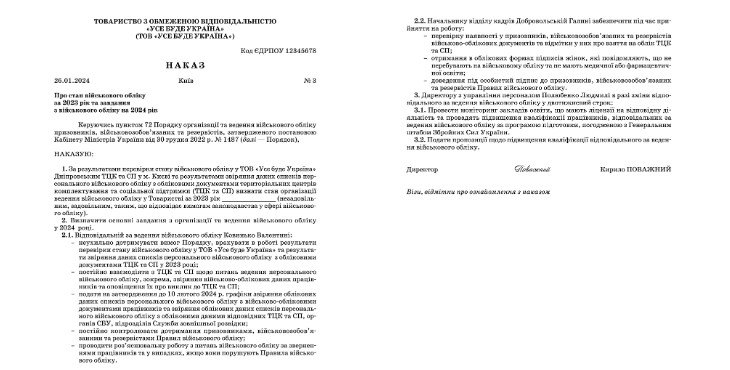 Наказ про стан військового обліку на підприємстві 2024