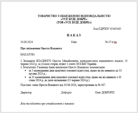 Наказ про звільнення працівника з роботи