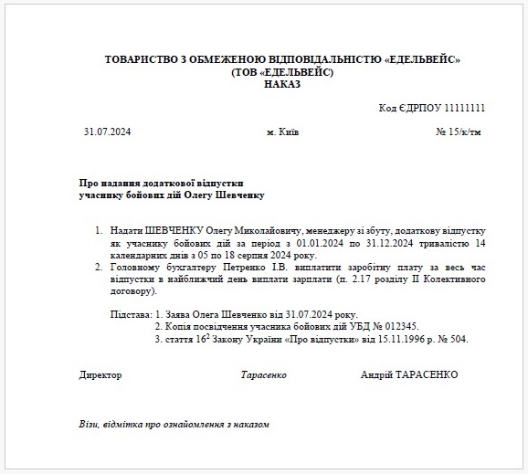 Наказ керівника на додаткову відпустку учасника бойових дій