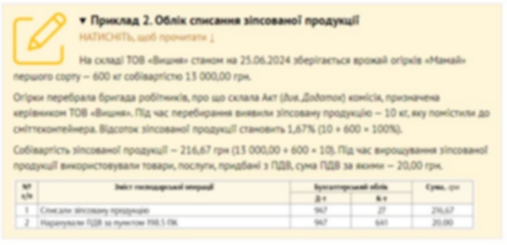 Приклад 2. Облік списання зіпсованої продукції