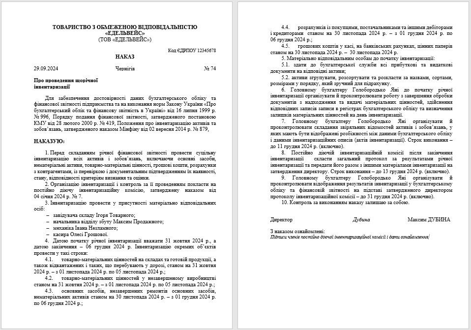 Зразок наказу на проведення річної інвентаризації