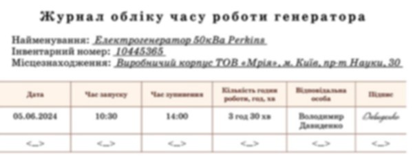 Журнал обліку часу роботи генератора