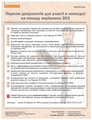 Перелік документів для участі в конкурсі на посаду керівника ЗОЗ