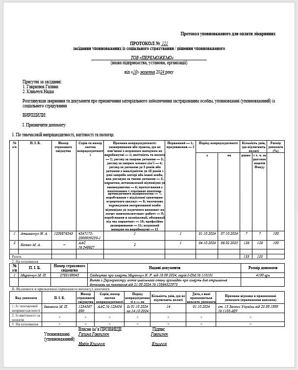 Протокол уповноваженого для оплати лікарняних