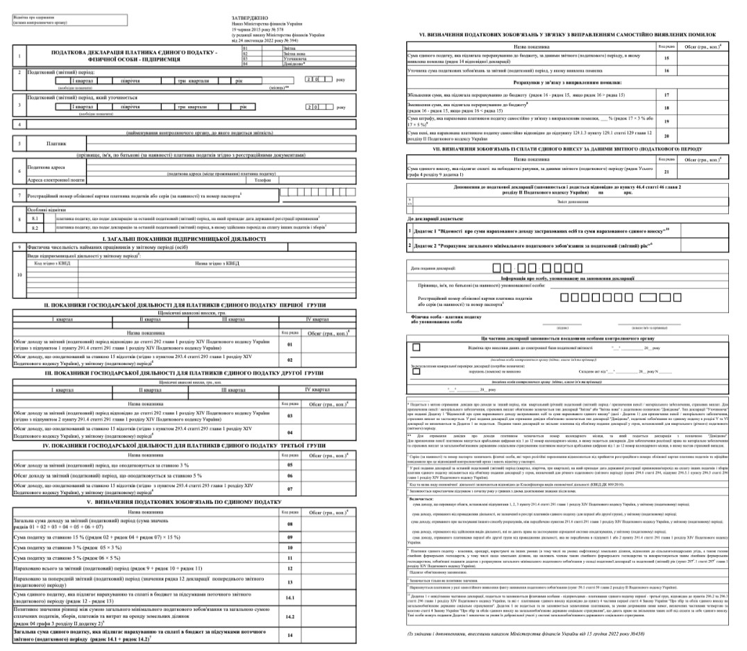бланк декларації платника єдиного податку фізичної особи підприємця