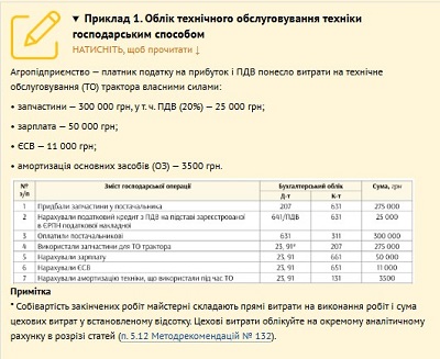 Приклад 1. Облік технічного обслуговування техніки господарським способом