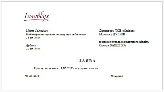 Заява працівника про звільнення за угодою сторін