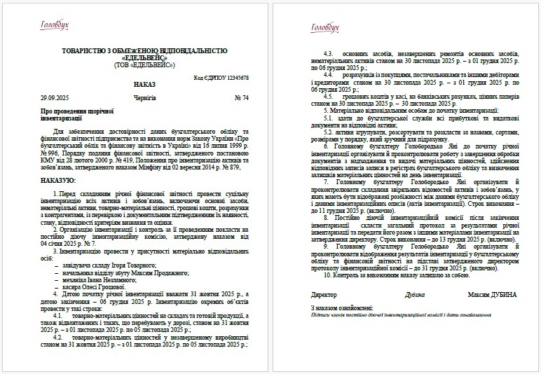 Зразок наказу про проведення щорічної інвентаризації
