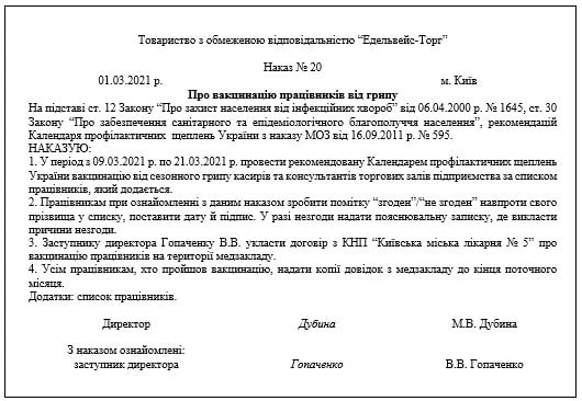 ЗРАЗОК Наказу про вакцинацію на підприємстві ЗРАЗОК Наказу про вакцинацію на підприємстві