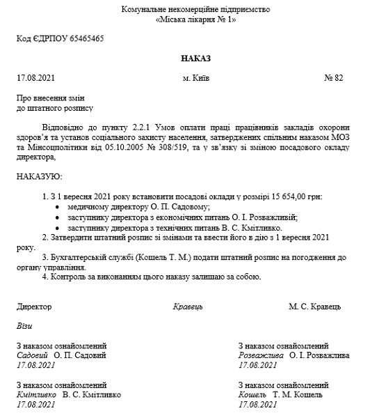 Як підвищити оклади заступникам директора медзакладу Наказ про внесення змін до штатного розпису