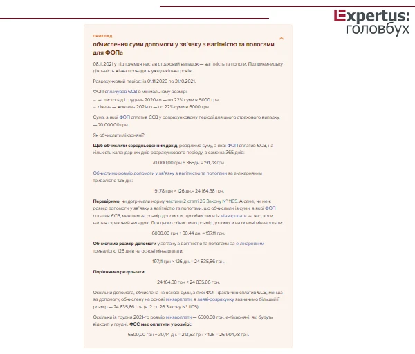 ПРИКЛАД обчислення суми допомоги у зв’язку з вагітністю та пологами для ФОПа