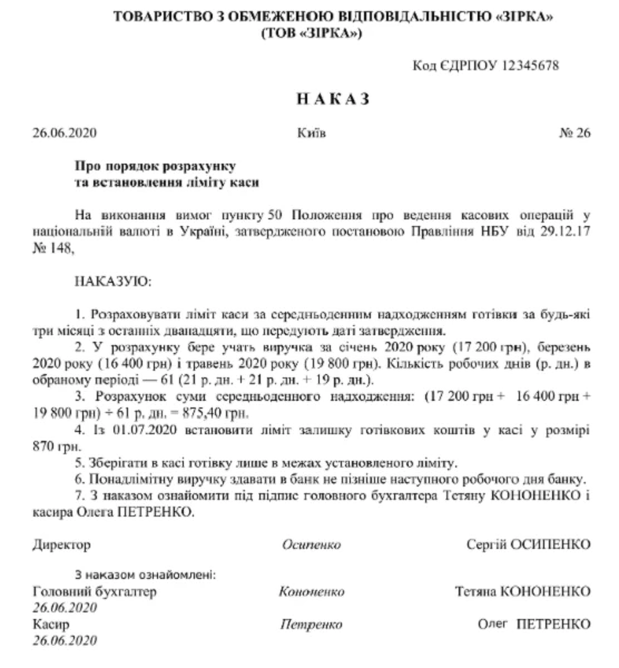 Приказ о лимите кассы