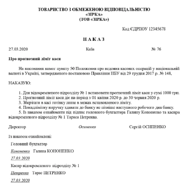 Приказ о лимите кассы