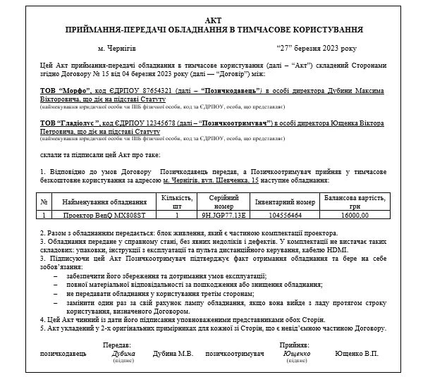 Пример Акта приема-передачи во временное пользование Акт приема-передачи во временное пользование