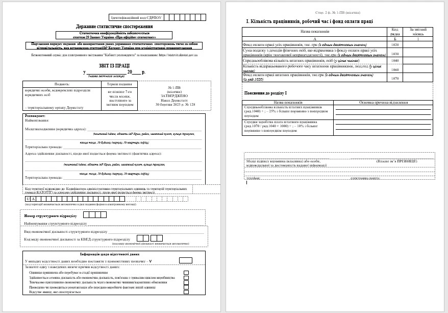 БЛАНК Отчета по труду № 1-ПВ (месячная)