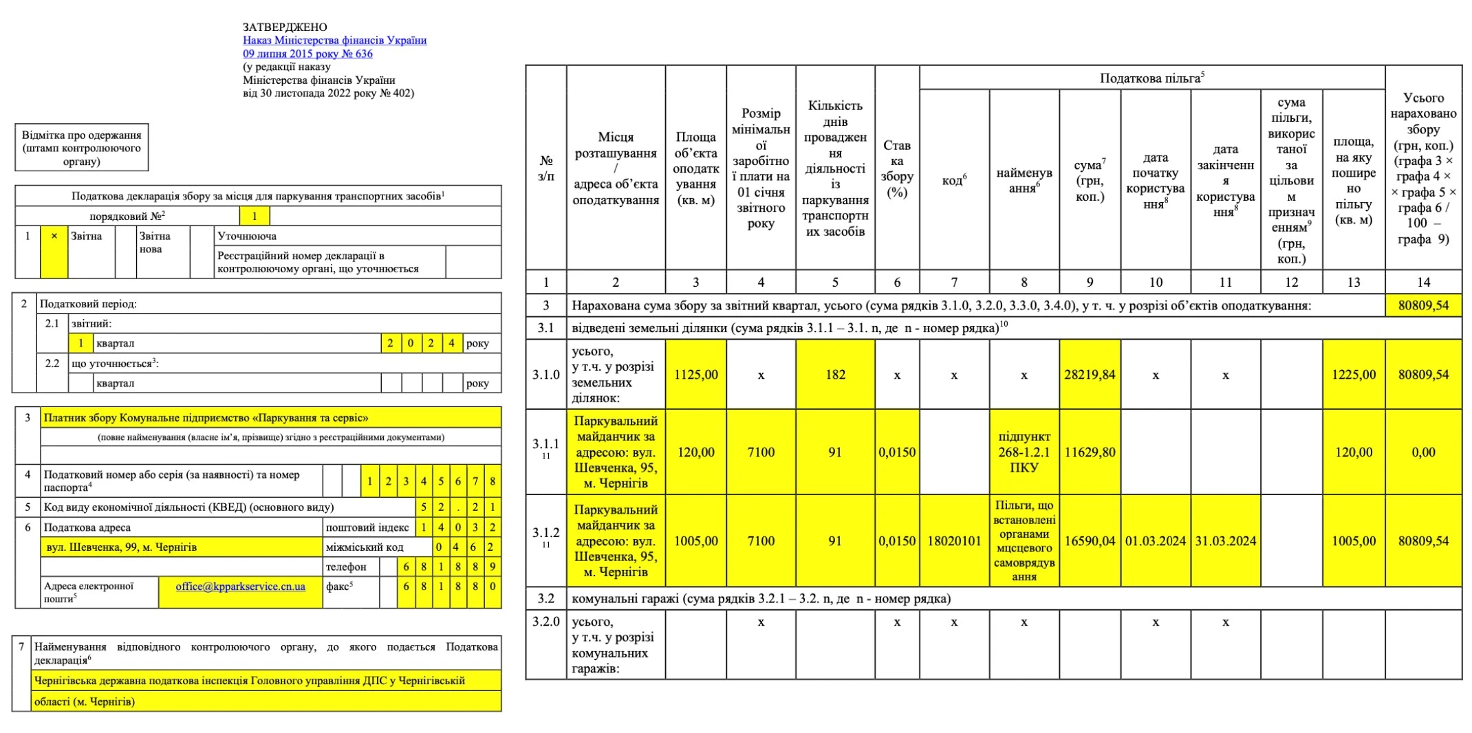 Декларація збору за місця для паркування транспортних засобів приклад