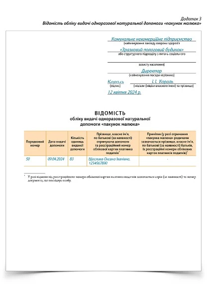 «Пакунок малюка»: облік