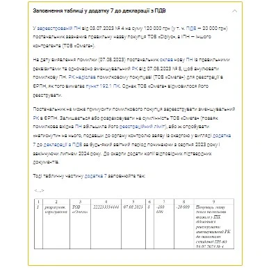 ЗРАЗОК заповнення додатку 7 до податкової декларації з ПДВ