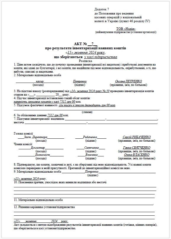 Акт інвентаризації каси Акт інвентаризації грошових коштів в касі