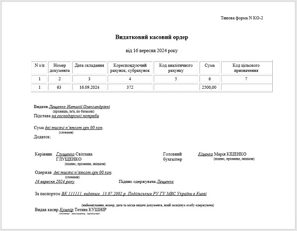 Расходный кассовый ордер на выдачу наличных под отчет Расходный кассовый ордер на выдачу наличных под отчет