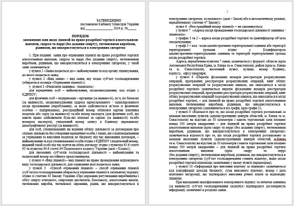 Порядок заповнення ліцензії на роздрібну торгівлю алкоголем (проєкт)