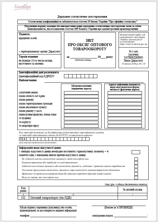 Звіт про обсяг оптового товарообороту (форма № 1-опт (місячна))