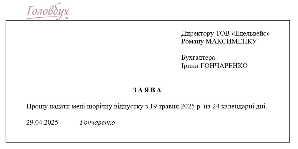 ЗРАЗОК Заяви на відпустку Заява на відпустку 2025 — зразок заповнення бланка у Word