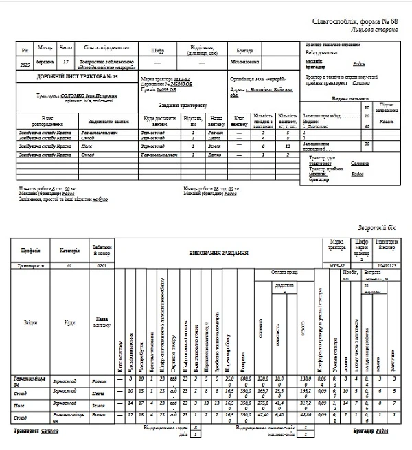 Путевой лист трактора (форма № 68) образец