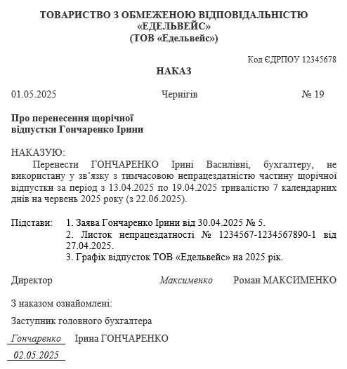 Наказ про перенесення відпустки наказ про перенесення відпустки