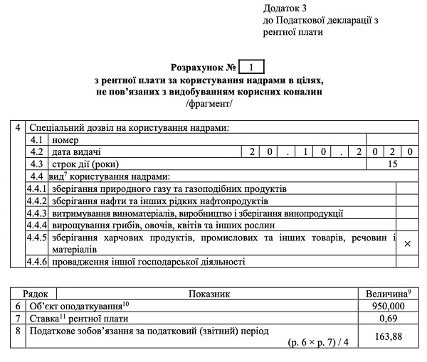 Приклад заповненого Додатка 3 до декларації з рентної плати
