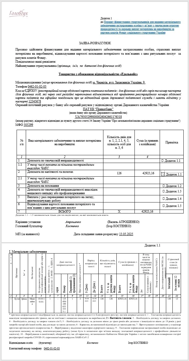 Приклад заповнення заяви-розрахунку на отримання виплат Декретні виплати: розрахунок │нарахування