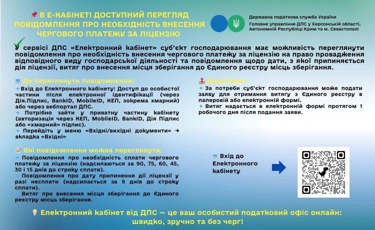 Де в Е-кабінеті можна переглянути повідомлення про необхідність внести черговий платіж за ліцензію