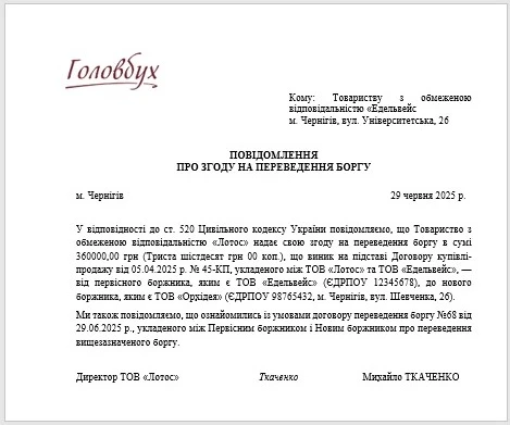 Приклад повідомлення про згоду на переведення боргу