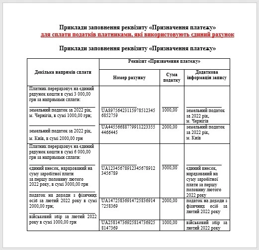 Призначення платежу: приклад для єдиного рахунку