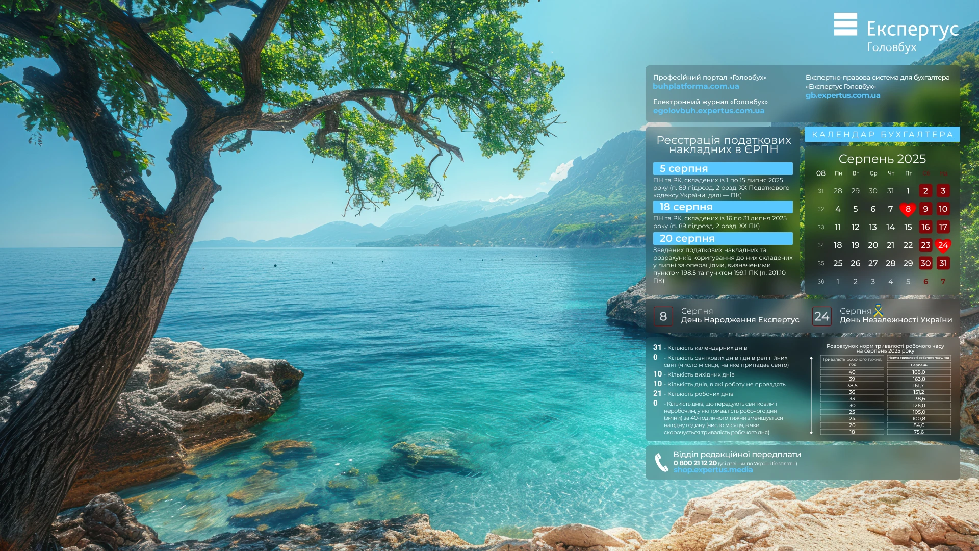 📅 Шпалери на робочий стіл з календарем робочого часу на серпень 2025 року