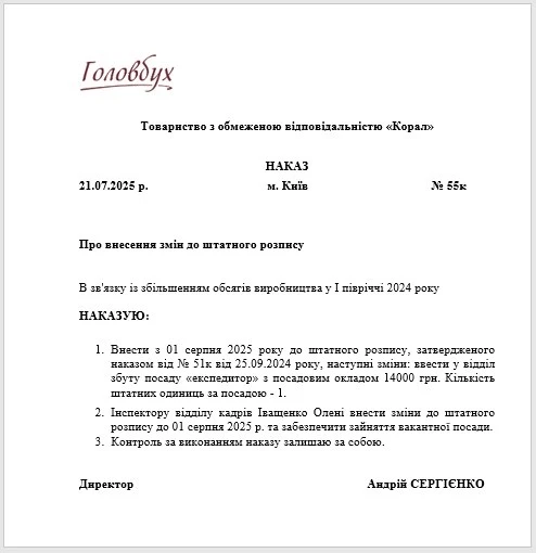 Штатний розпис 2025 зміни