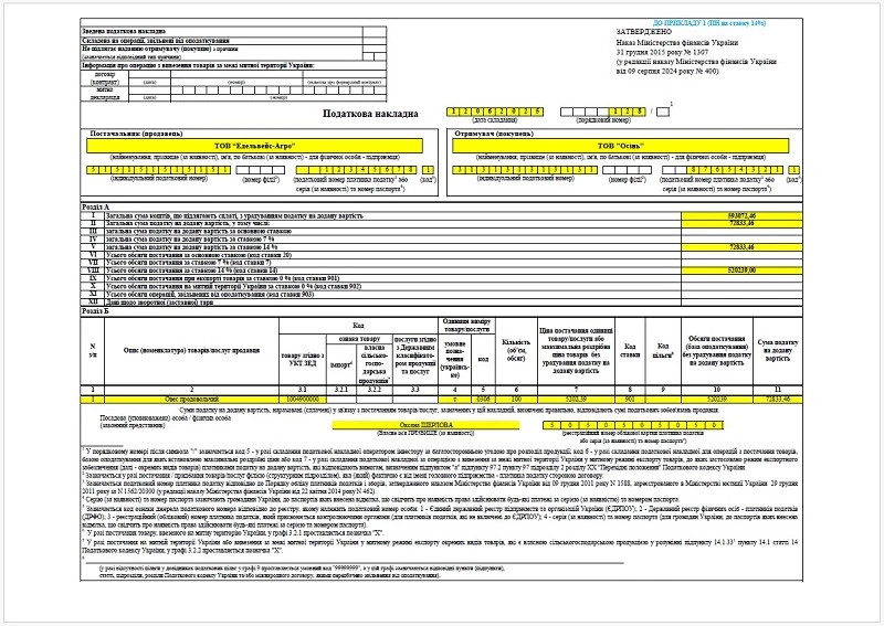 Зразок заповнення податкової накладної на ставку 14%