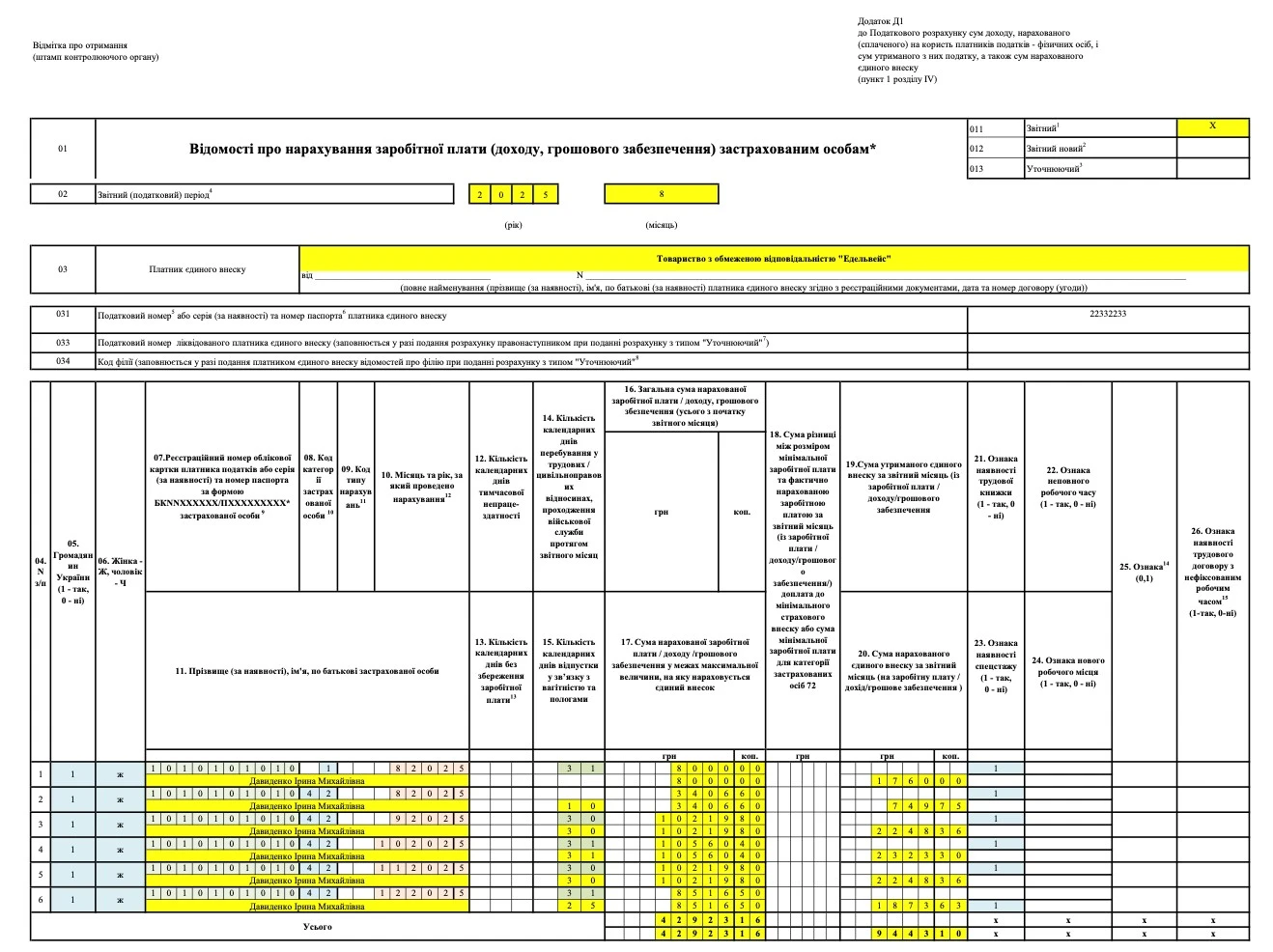 Декретні у Додатку Д1 Податкового розрахунку Декретні виплати: розрахунок │нарахування