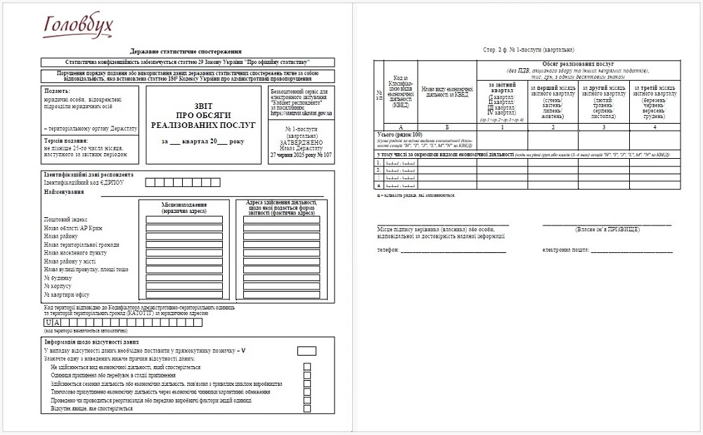 Форма № 1-послуги квартальна бланк 2026