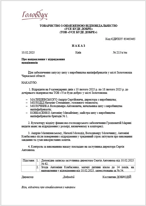 Наказ про відрядження 2025 за кордон