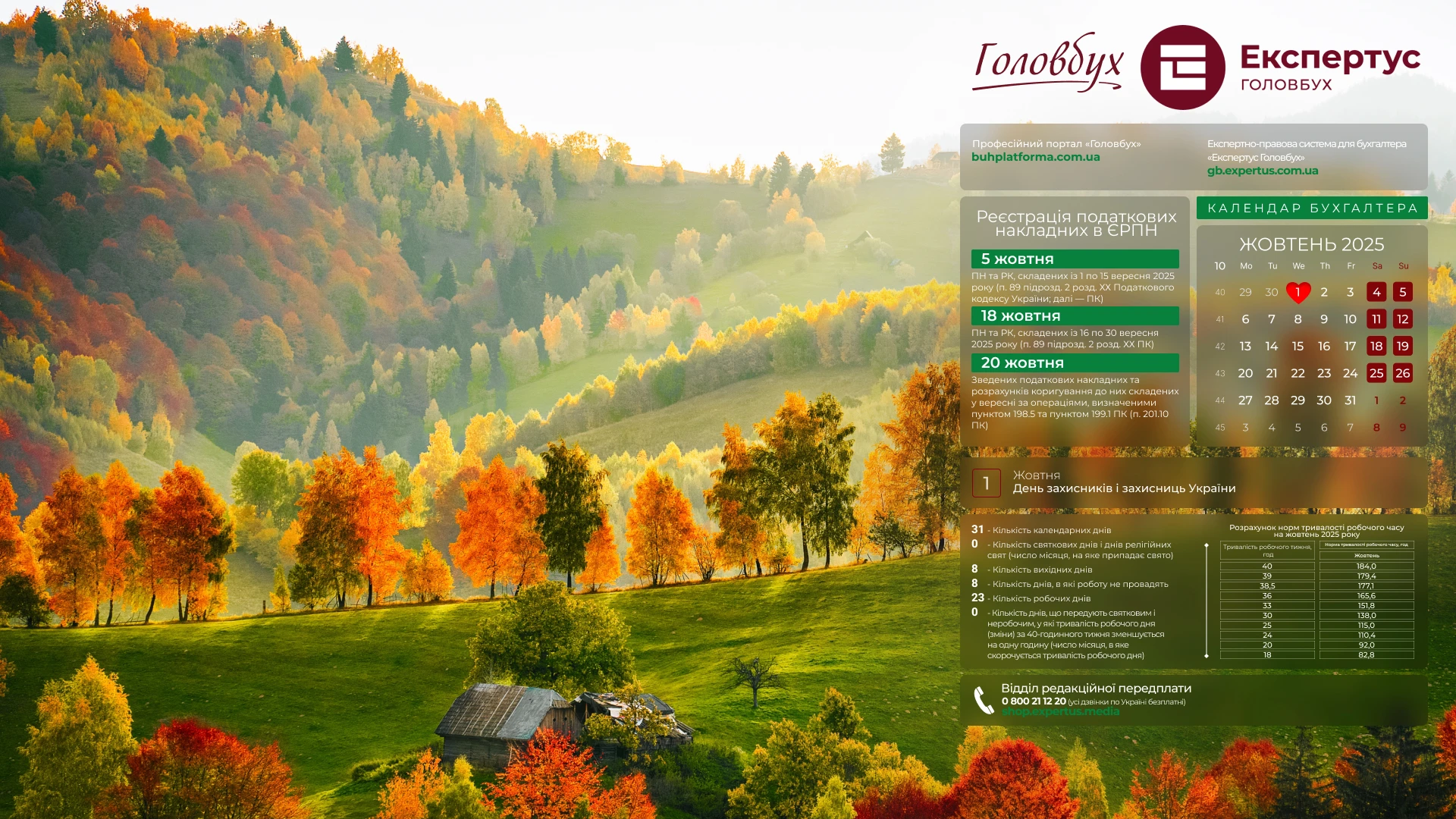 Шпалери на робочий стіл з календарем робочого часу на жовтень 2025 року