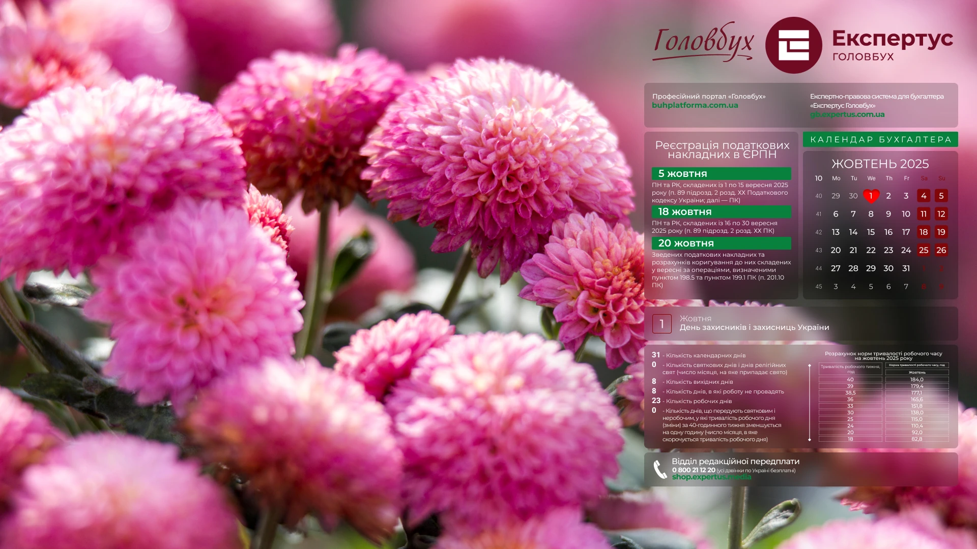 📅 Шпалери на робочий стіл з календарем робочого часу на жовтень 2025 року