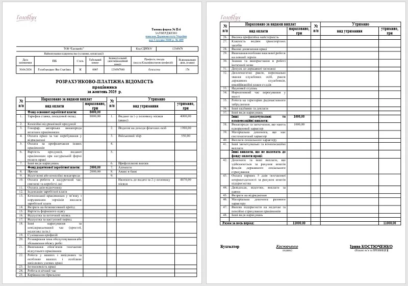 Розрахунково-платіжна відомість працівника