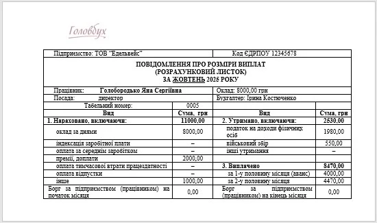 Розрахунково-платіжна відомість працівника